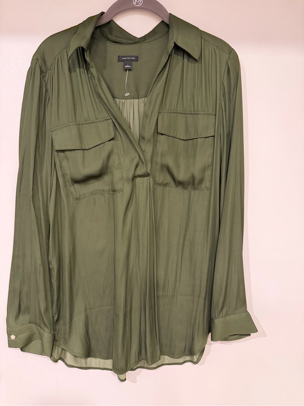 NWOT Ann Taylor Olive Green Satin Utility Blouse Size Large
